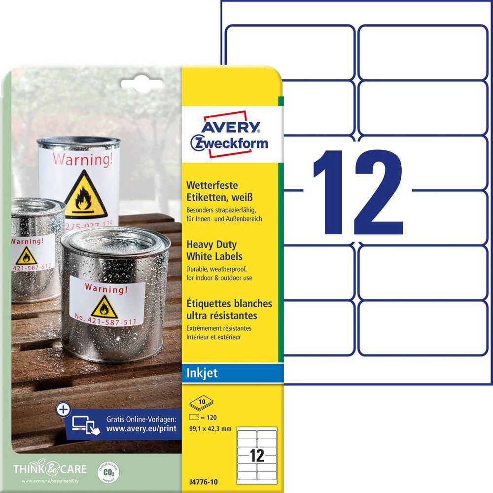 AVERY Zweckform Atsparios atmosferos poveikiui folijos etiketės 99,1 x 42,3 mm baltos su kraštu rašaliniams spausdintuvams - 1 vnt. (J4776-10)