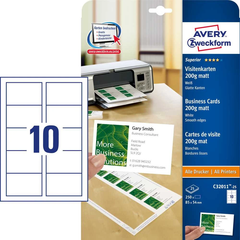 Avery Zweckform Matinis VIZITINĖS KORTELĖS 85 X 54 MM AVERY QUICK CLEAN 250 VIZITINĖS KORTELĖS, BALTOS
