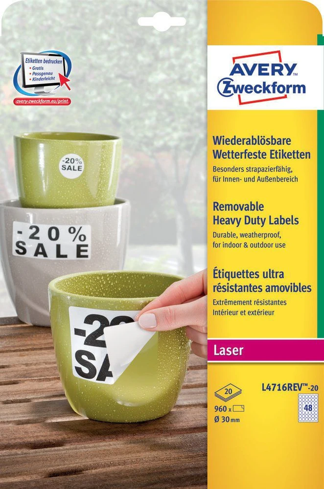 „Avery Zweckform“ nuimamos vandeniui atsparios etiketės, didelės apkrovos Ø 30 mm (L4716REV-20)