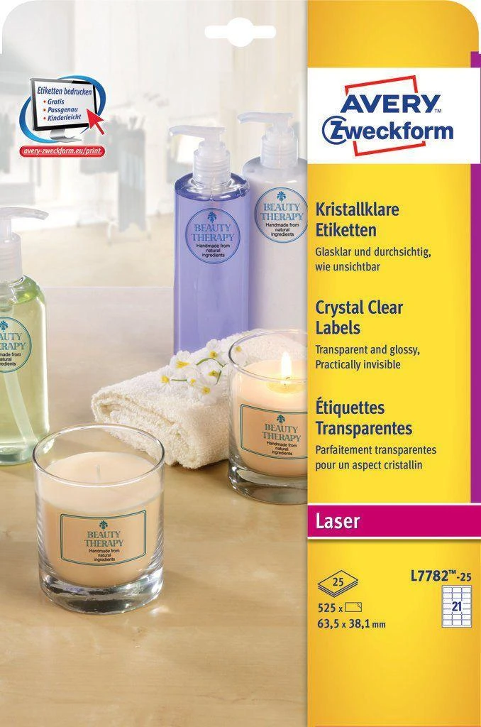 Avery Zweckform skaidrios krištolinės produktų etiketės 63,5 x 38,1 mm (L7782-25)