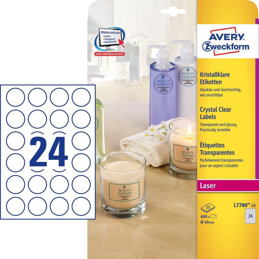 Avery Zweckform Skaidrios Crystal Clear Ø 40 mm gaminių etiketės (L7780- 25)