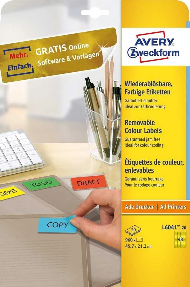 „Avery Zweckform“ nuimamos spalvotos etiketės, 45,7 x 21,2 mm „Geltona“ (L6041-20)