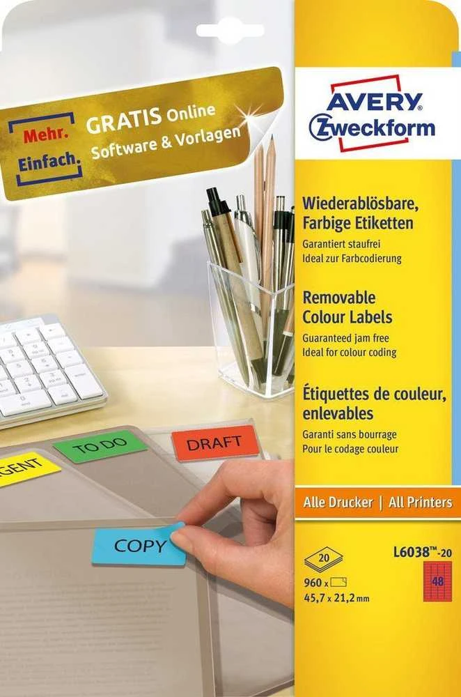 Avery Zweckform Nuimamos spalvos etiketės 45,7 x 21,2 mm raudona (L6038-20)