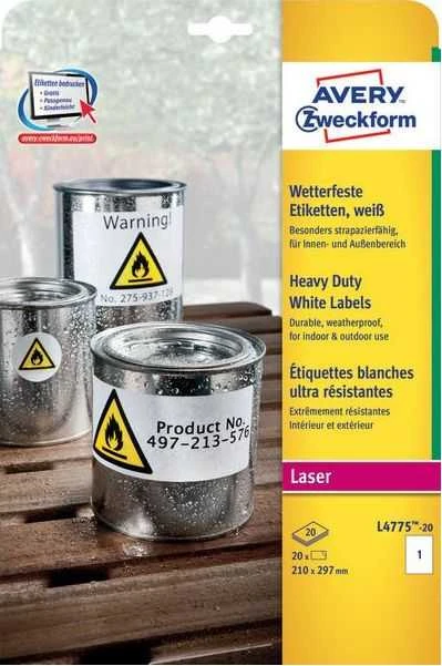 Lipnios etiketės Avery Zweckform, A4, atsparios drėgmei, 210x297mm, 1 etiketė lape, 20 lapų, nuklijuojamos, baltos spalvos