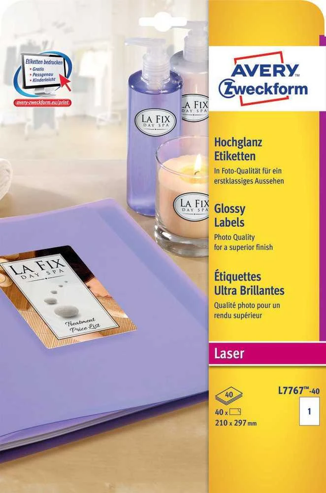 „Avery Zweckform“ blizgios gaminių etiketės 210 x 297 mm (L7767-40)