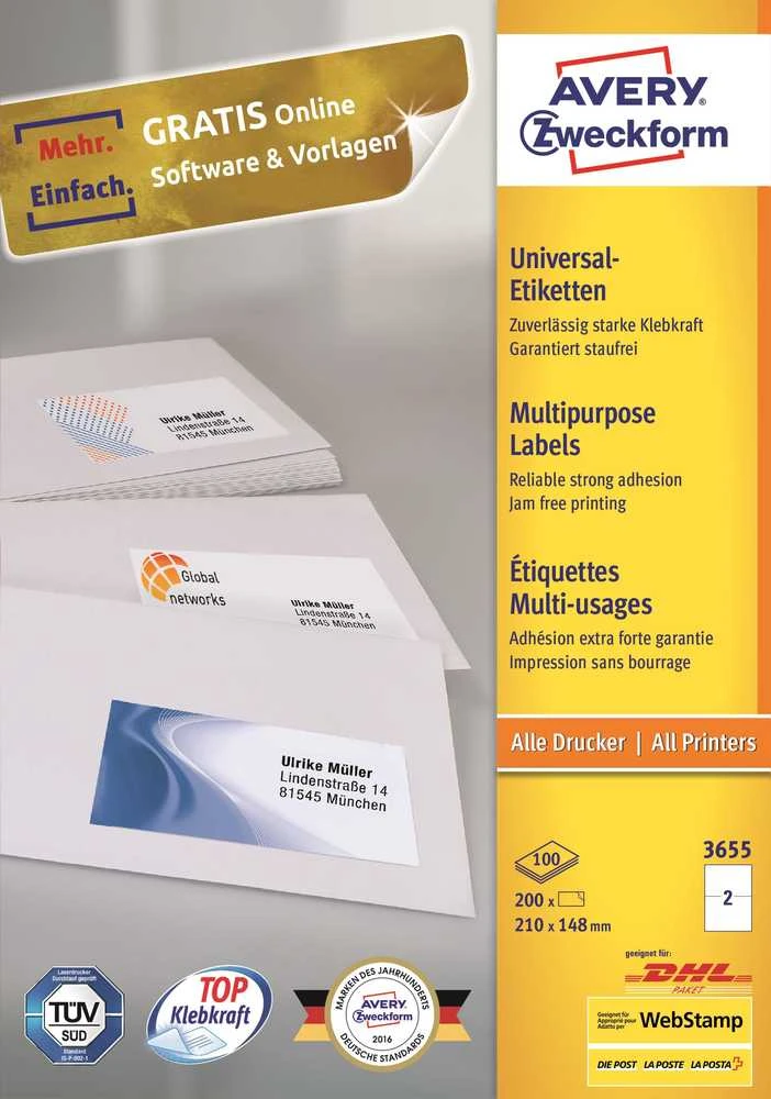 Avery Zweckform Universal-Labels Inkjet, lazerinis Colorlaser kopijavimo aparatas baltas 210x297mm 200 etikečių - 3655