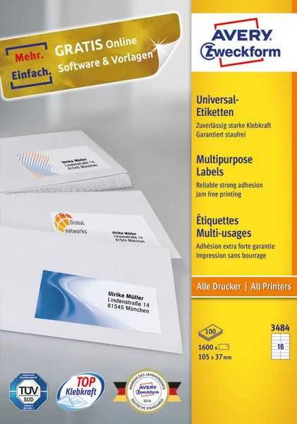 Avery Zweckform universalios etiketės Avery Zweckform 3484, dydis 105 x 37 mm, 1600 etiketės (3484 K)