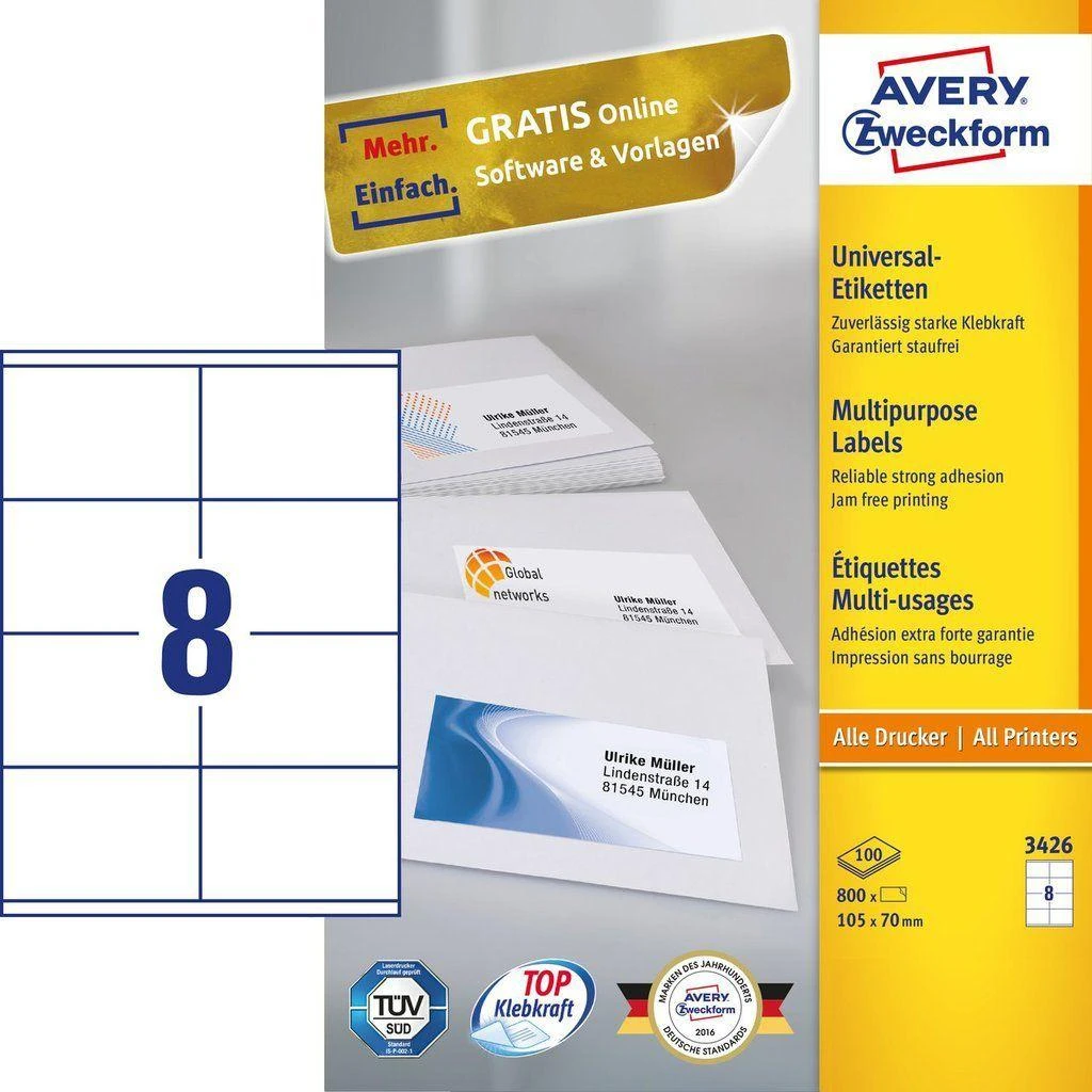 Lipnios etiketės Avery Zweckform, A4, 105x70mm, 8 etiketės lape, su rėmeliu, 100 lapų, baltos spalvos