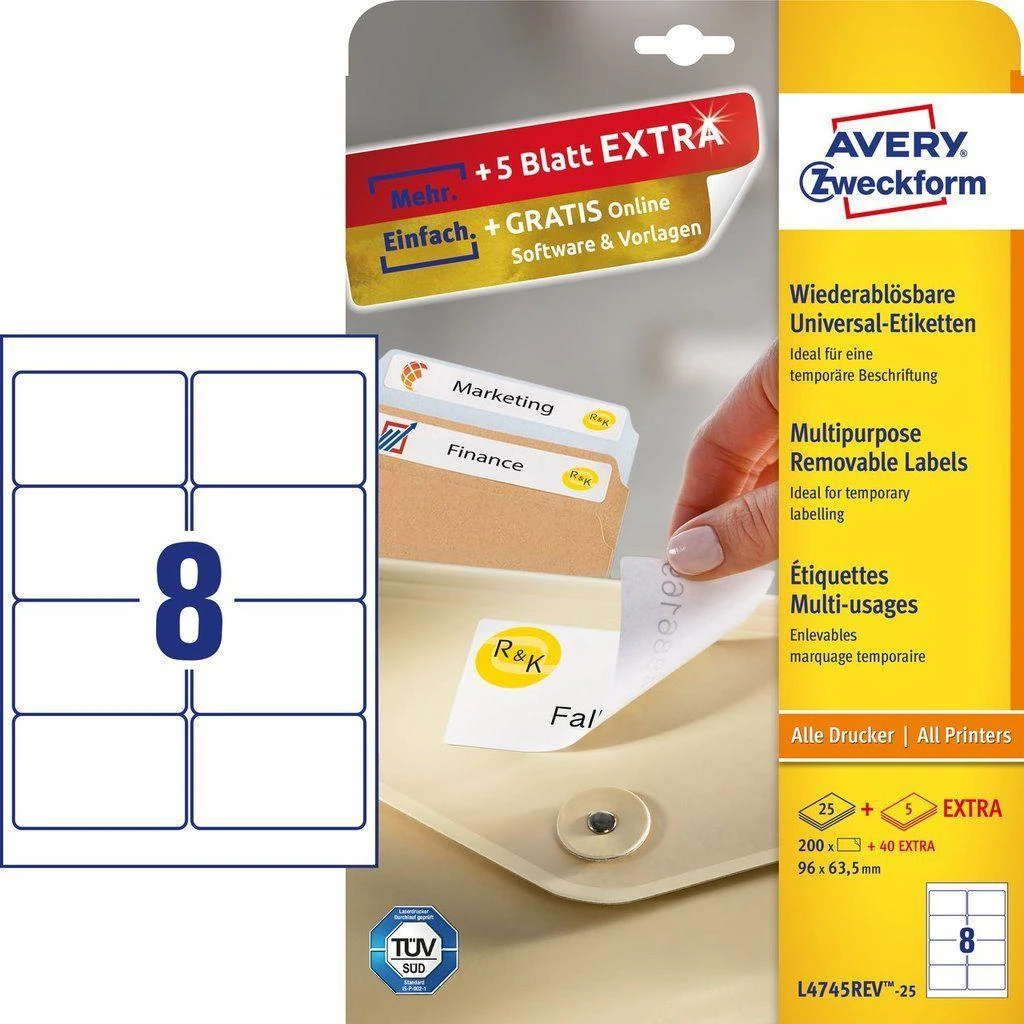 Avery Zweckform universalios nuimamos etiketės, 96 x 63,5 mm (L4745REV-25)