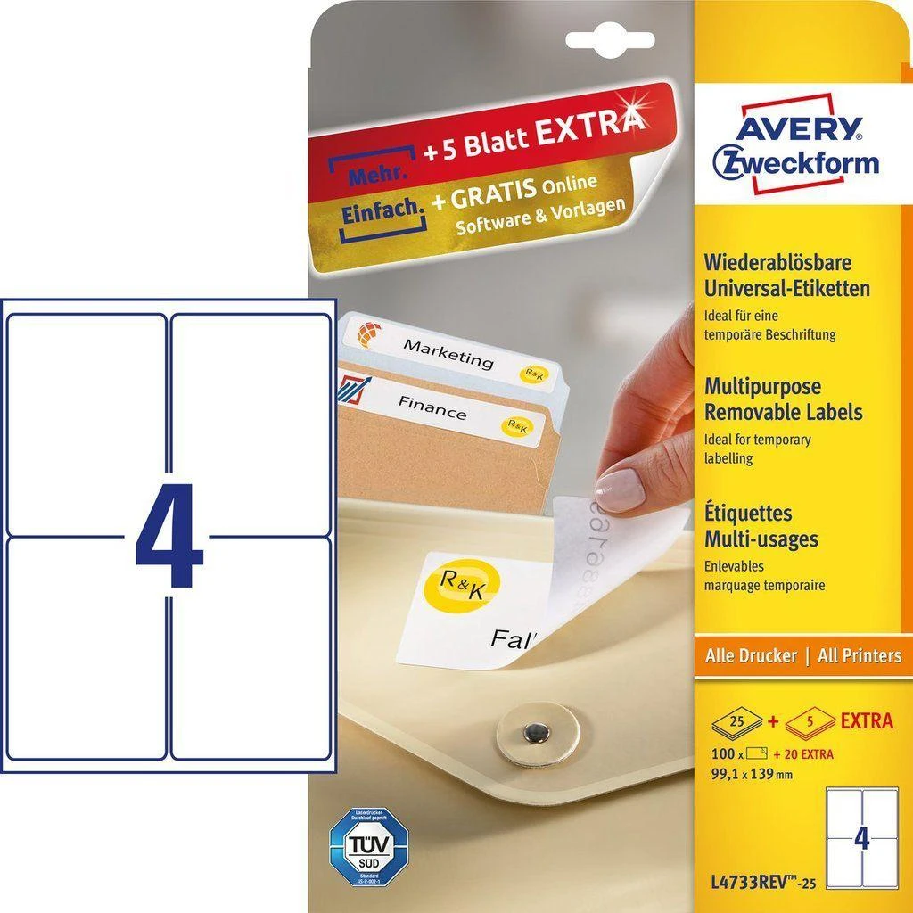 Avery Zweckform nuimamos etiketės universalus 99,1 x 139 mm (L4733REV-25)