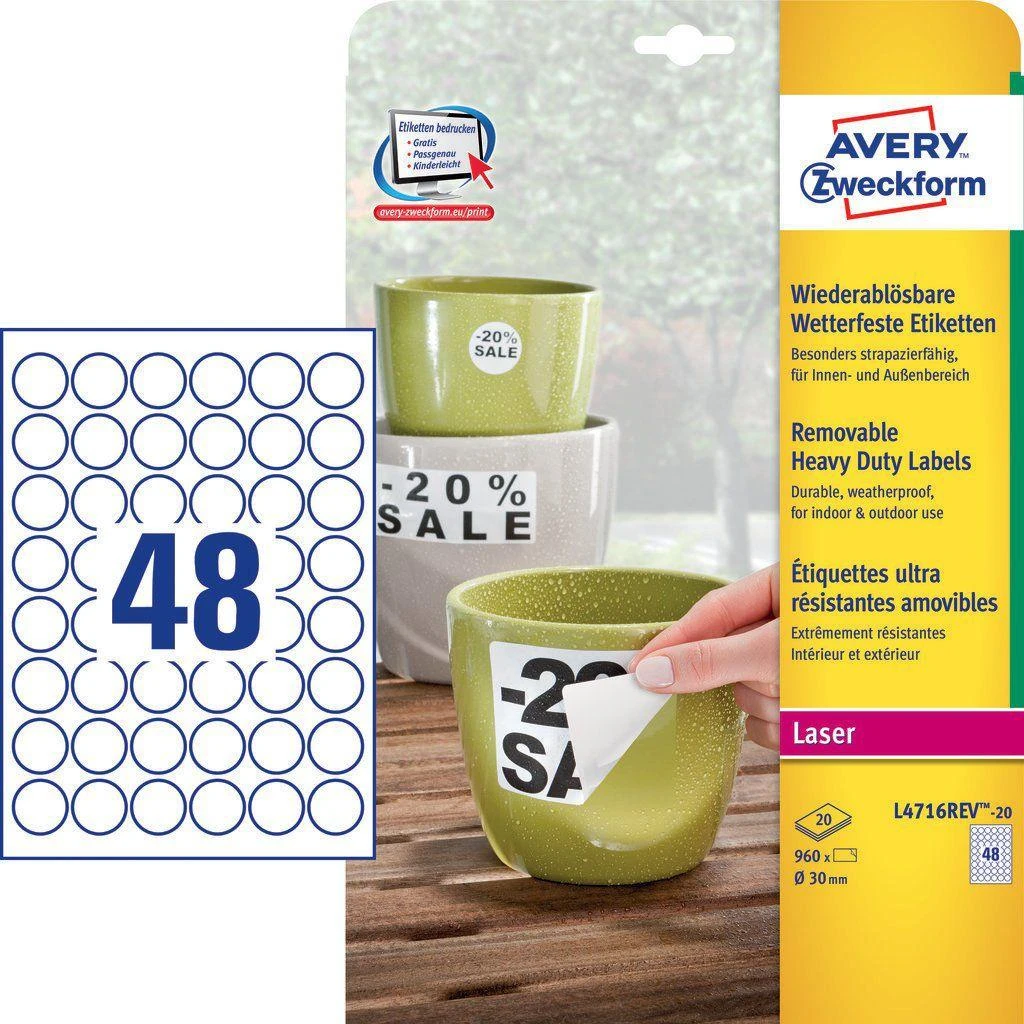 „Avery Zweckform“ nuimamos vandeniui atsparios etiketės, didelės apkrovos Ø 30 mm (L4716REV-20)