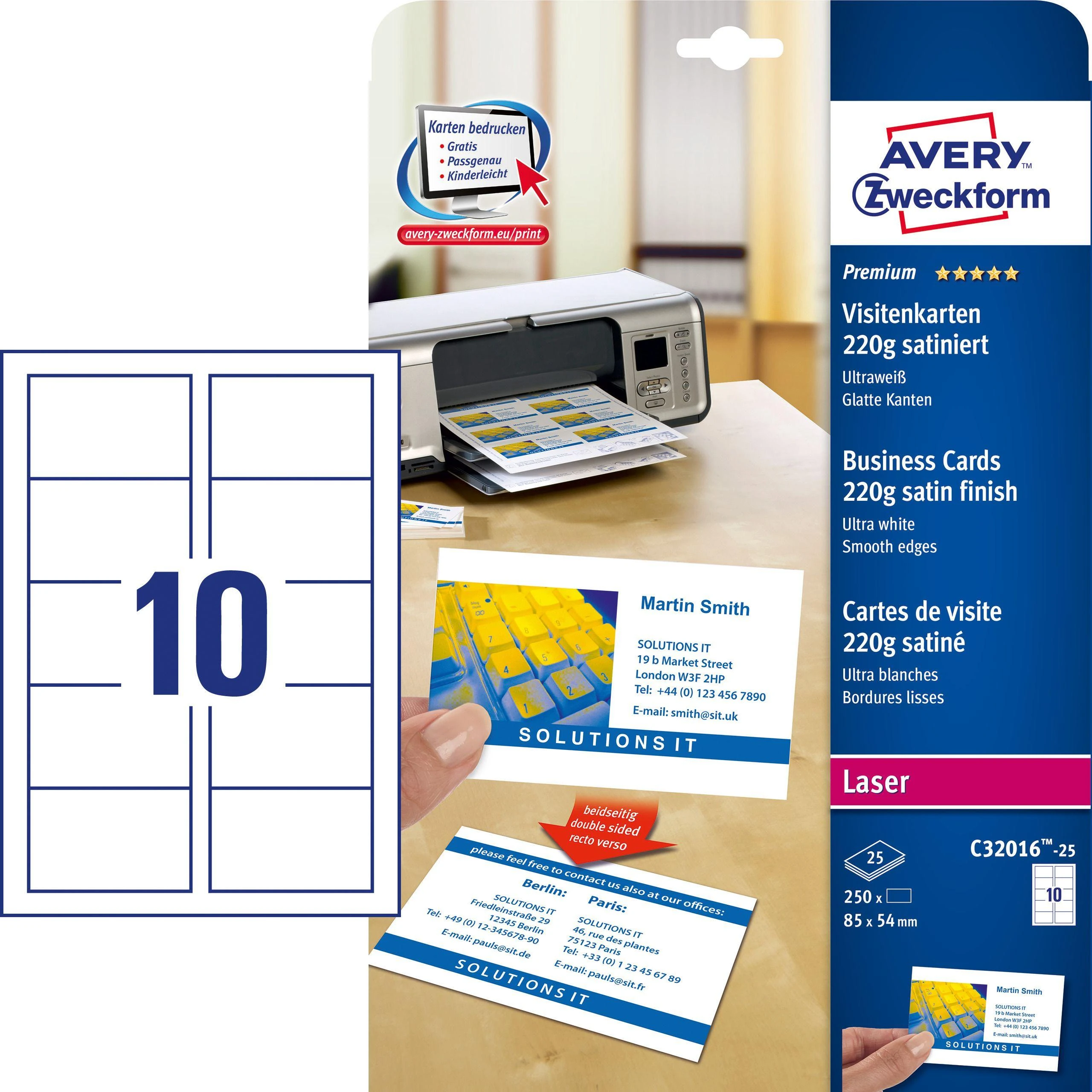 Avery Zweckform Quick&Clean A4 vizitinės kortelės – 220 g/m² – 250 lapų