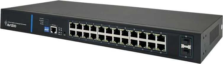 Šakotuvas Valdomas L2 komutatorius (jungiklis) 24 RJ45 PoE+ 1Gb/s prievadai + 2 SFP Uplink 1Gb/s prievadai + 1 RJ45 konsolės prievadas (250 W galios biudžetas) AVIZIO