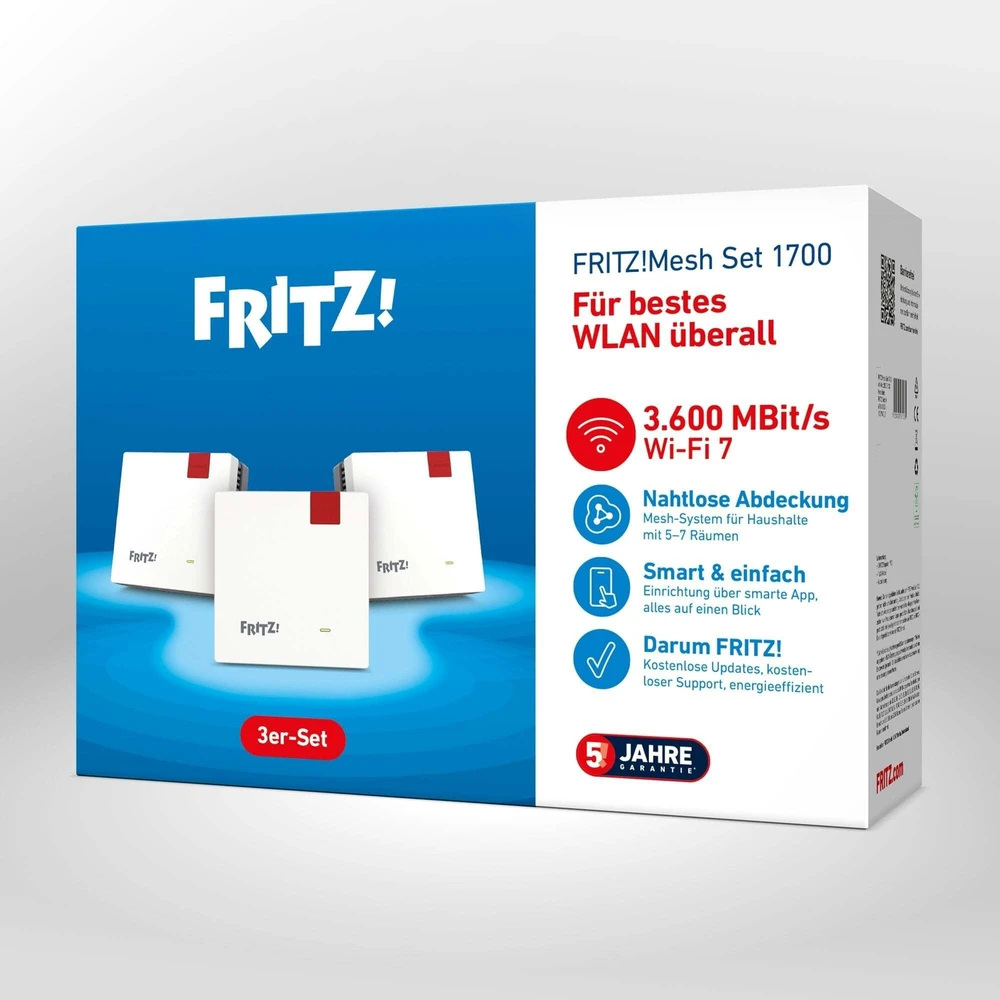 Maršrutizatorius AVM FRITZ! Set 1700 3 įrenginių rinkinys, kartotuvas - baltas/pilkas, Wi-Fi 7 su 3,6 GBit/s sparta
