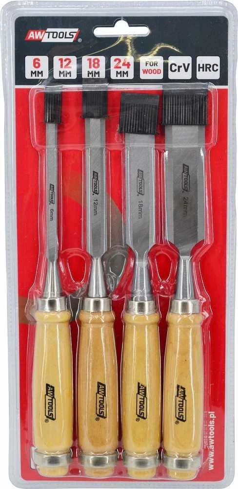 AW-Tools AWTOOLS KALTŲ RINKINYS SU MEDINĖMIS RANKENOMIS 4vnt. 6/12/18/24mm