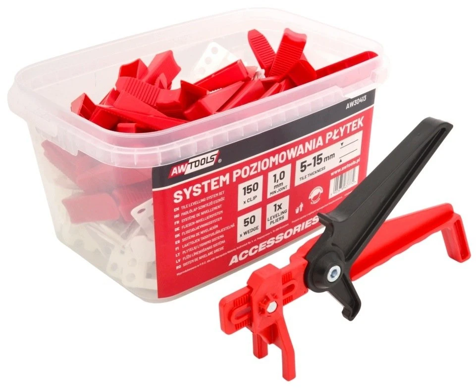 AW-Tools AWTOOLS GATAVINĖ PLYTELIŲ LYGIAVIMO SISTEMA 1,0mm 150+50vnt.+REG. REIKMENYS (GATAVINĖ 5-15mm + PLEIŠTAS + REIKMENYS)