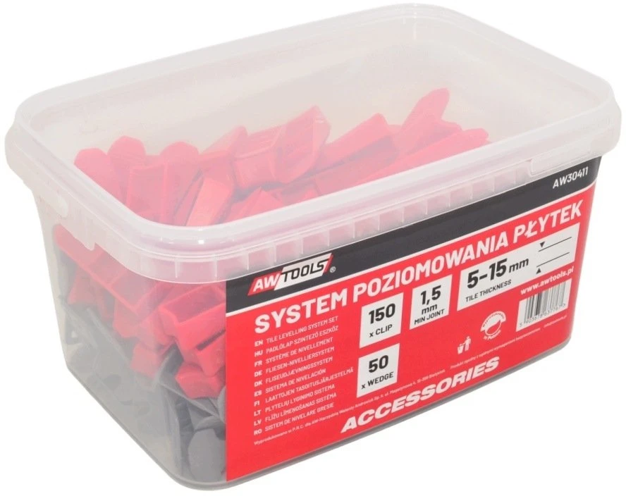 AW-Tools AWTOOLS LYGIAVIMO SISTEMA (ARKINĖ) 1,5mm 150+50vnt. (ARKELĖ 5-15mm + PLEIŠTAS)