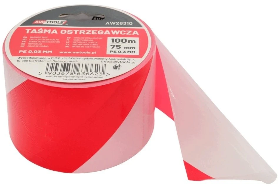 AW-Tools AWTOOLS ĮSPĖJAMOJI JUOSTA (BALTA-RAUDONA) 75mm x 100m