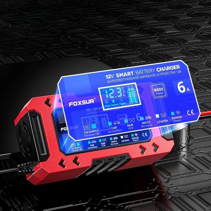 Foxsur 12V 6A įkroviklis su LCD ekranu