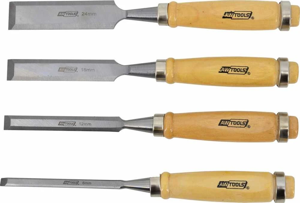 AW-Tools AWTOOLS KALTŲ RINKINYS SU MEDINĖMIS RANKENOMIS 4vnt. 6/12/18/24mm