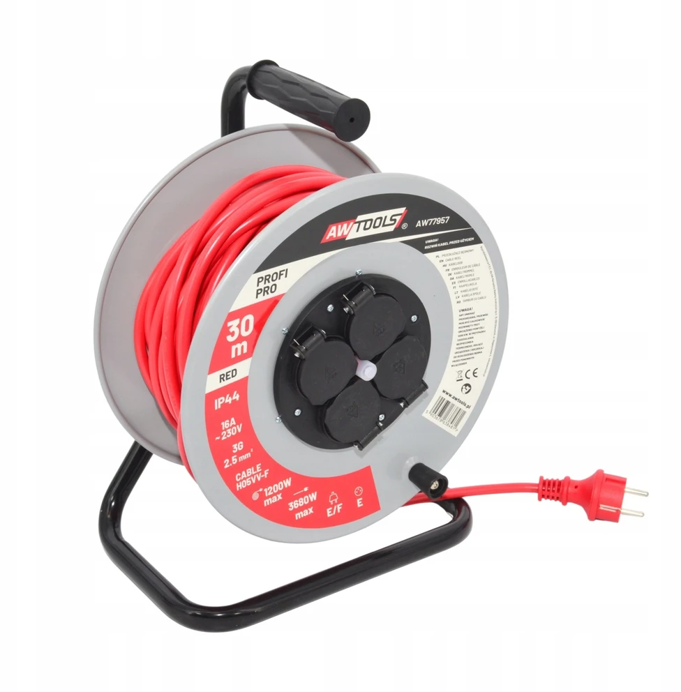 AW-Tools AWTOOLS BŪGNINIS ILGINTUVAS METAL PROFI PRO 30m 3×2,5mm RAUDONAS 16A / 3680W / IP44