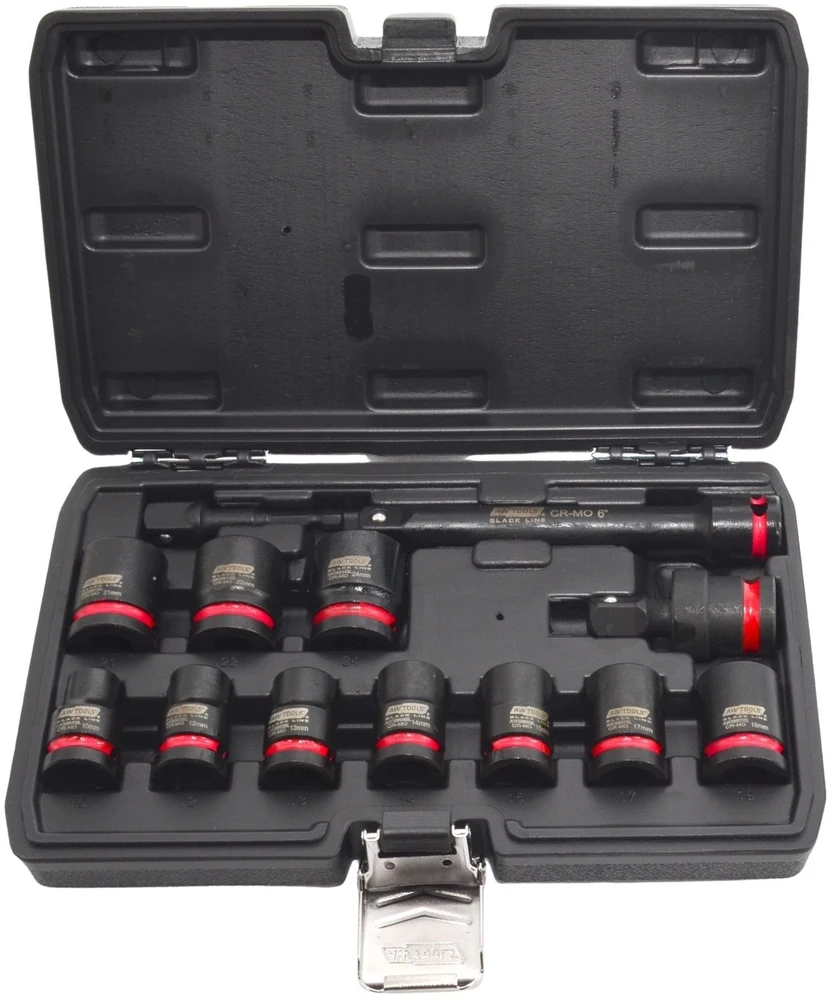 AW-Tools AWTOOLS SMŪGINIŲ GALVUČIŲ RINKINYS 1/2″ 13 vnt./10-24 mm/ TRUMPOS Juodas LINE