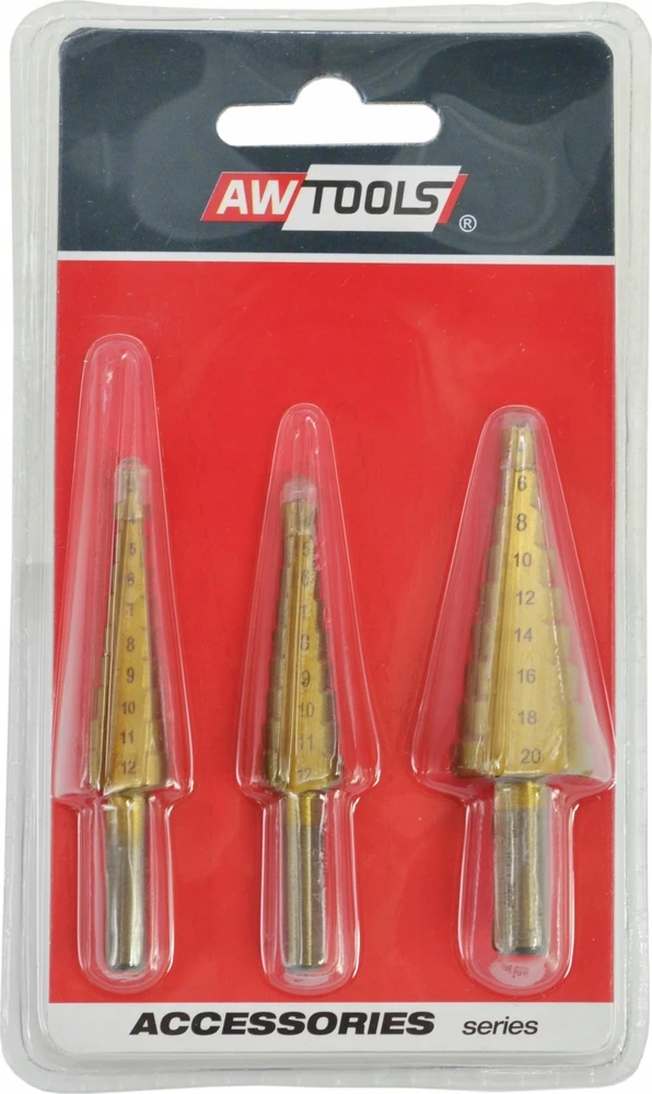 AW-Tools AWTOOLS LAIPTINIS GRĄŽTAS HSS-TIN / RINKINYS 3vnt. 3-12mm / 4-12mm / 4-20mm