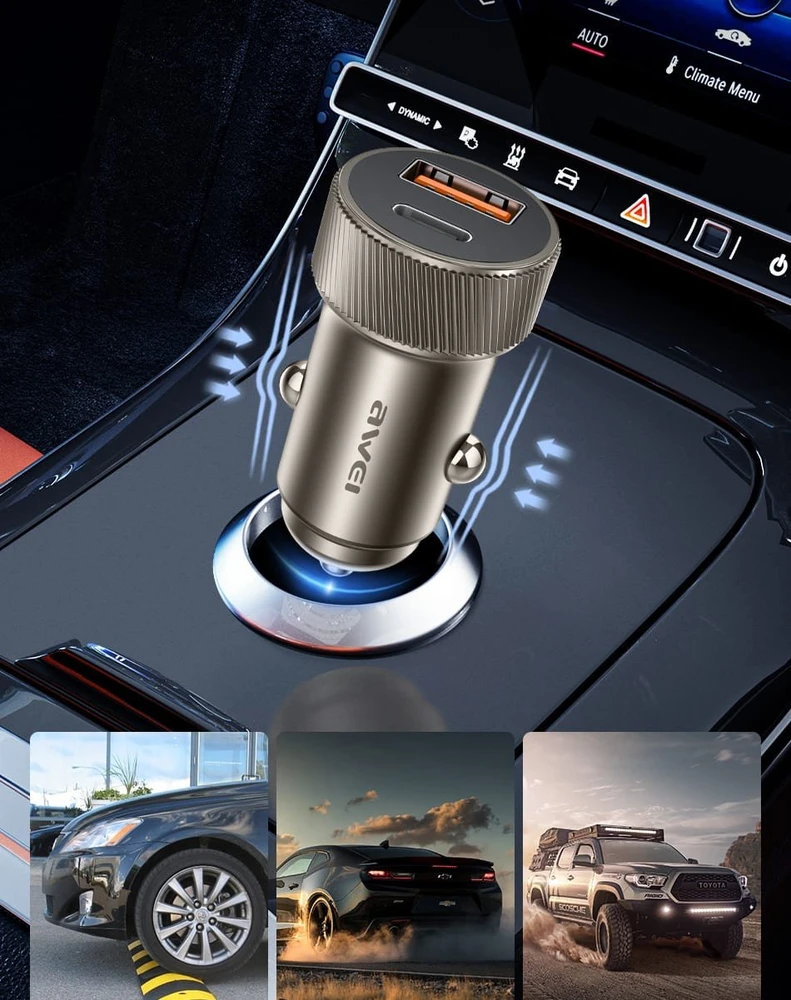 AWEI automobilinis įkroviklis C-857 33W USB+USB-C ruda