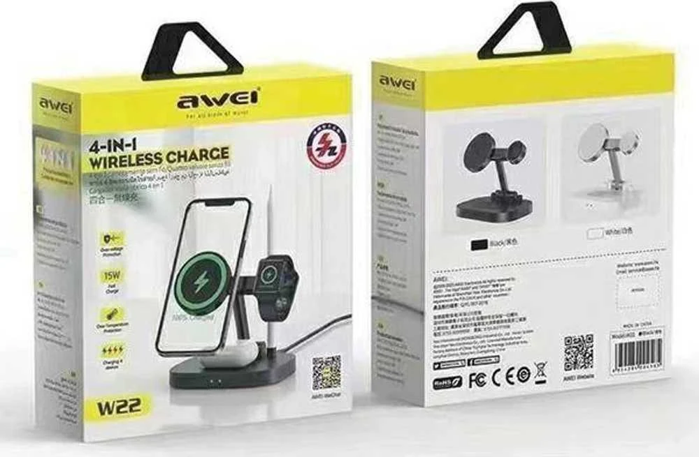 AWEI 4in1 belaidis įkroviklis W2215W Fast Charging juodos spalvos