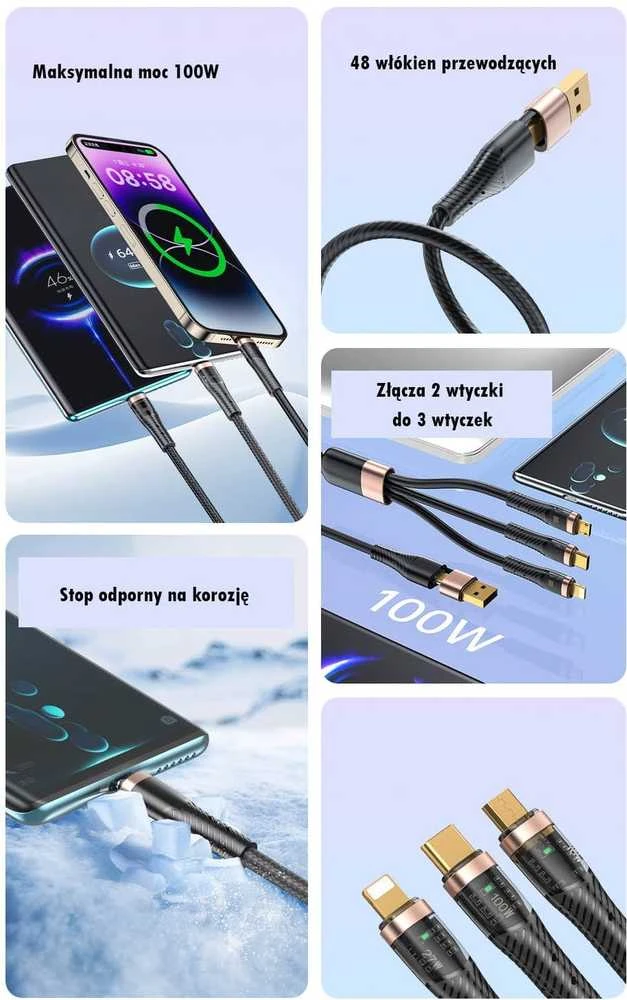 AWEI CL-228 usb-c/lightning/mico 3in2 kabelis juodos spalvos
