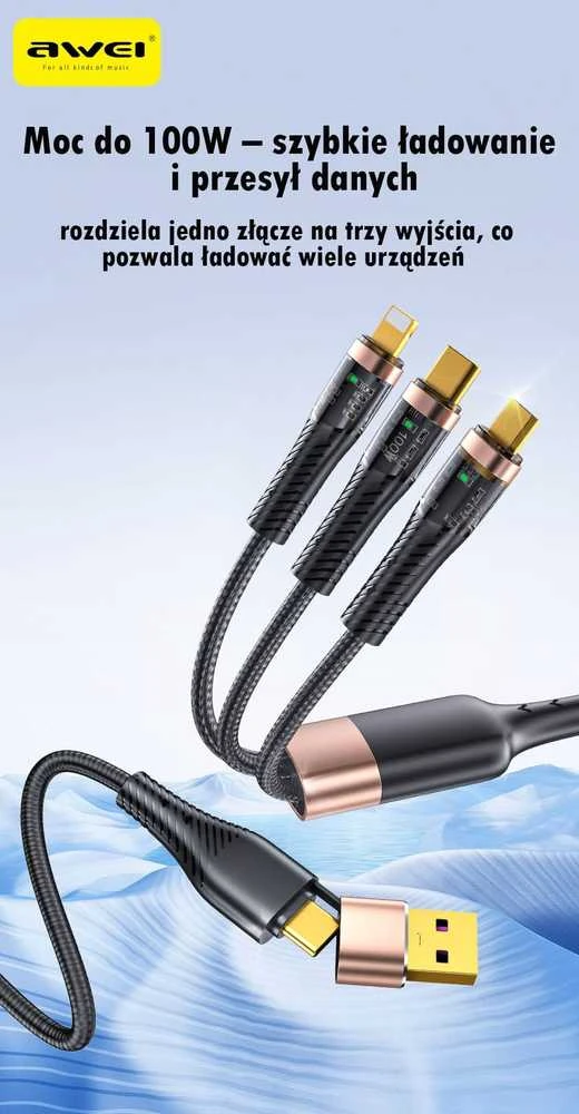AWEI CL-228 usb-c/lightning/mico 3in2 kabelis juodos spalvos