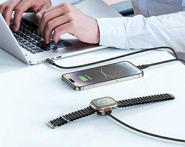 Awei laidas W23 3 viename USB-C/Lightning/Watch 100W/10W/2.5W juodas/juodas