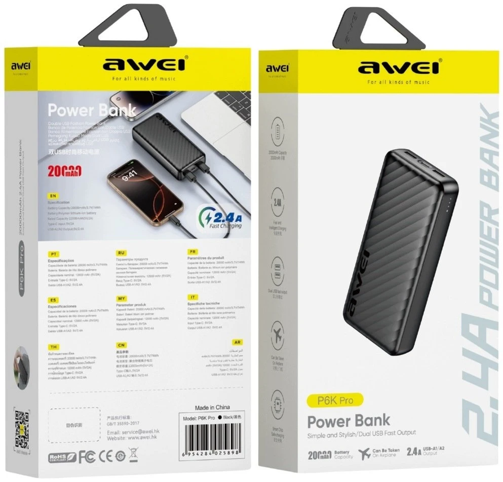 Awei PowerBank P6K Pro 20000mAh 2xUSB-A/USB-C juodas