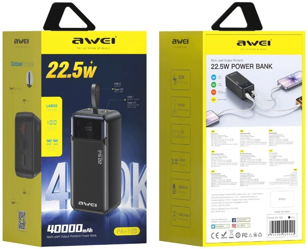 Awei Powerbank PA-105 40000mAh 22,5W PD 3xUSB-C juodas
