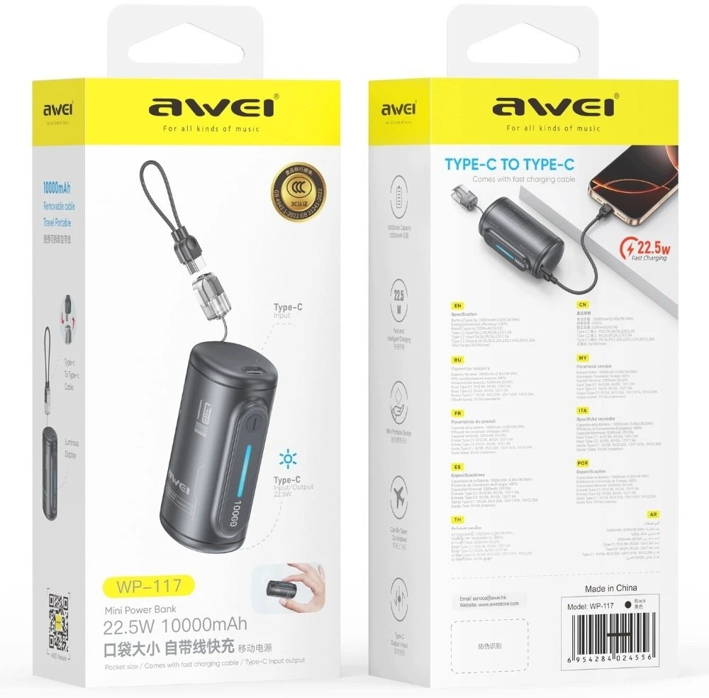 Awei nešiojamasis įkroviklis WP-117 10000mAh 22.5W 3C 2xUSB-C juodas