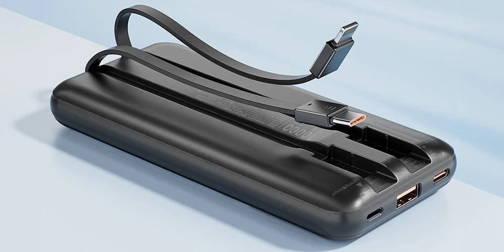 AWEI išorinė baterija su integruotu „Lightning“ / USB-C laidu P77K 10000mAh juodos spalvos 22.5W