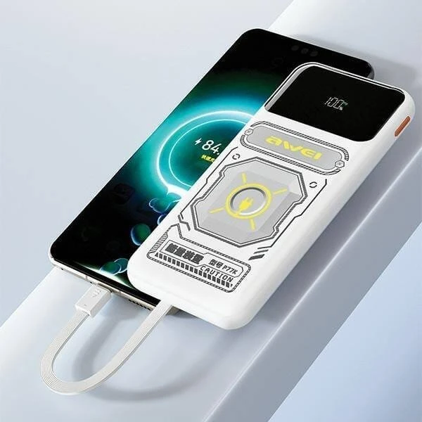 AWEI išorinė baterija su integruotu „Lightning“ / USB-C laidu P77K 10000mAh juodos spalvos 22.5W