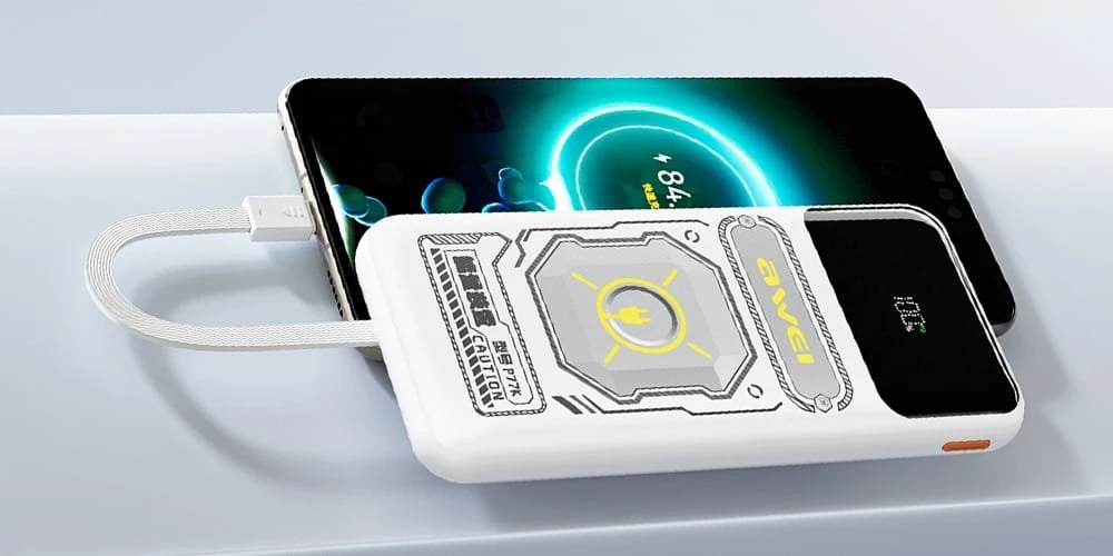 AWEI išorinė baterija su integruotu „Lightning“ / USB-C laidu P77K 10000mAh juodos spalvos 22.5W