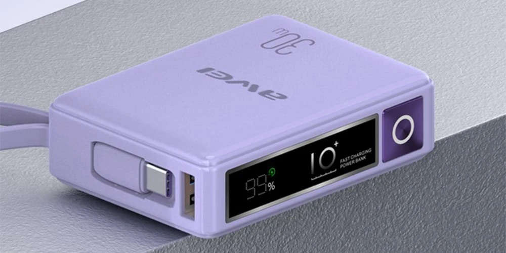 AWEI PowerBank with built-in cableP87K 10000mAh juodos spalvos 30W