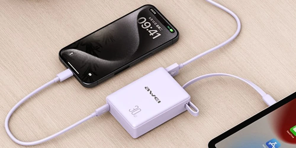 AWEI PowerBank with built-in cableP87K 10000mAh juodos spalvos 30W