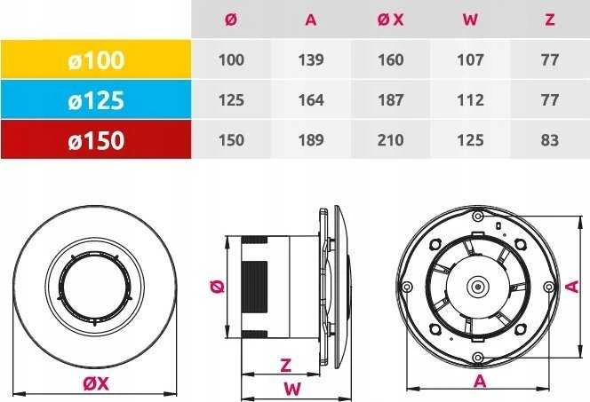 AWENTA Sateo fi150 vonios lubų ventiliatorius 210m3/h 20W 230V baltas Awenta WXS150