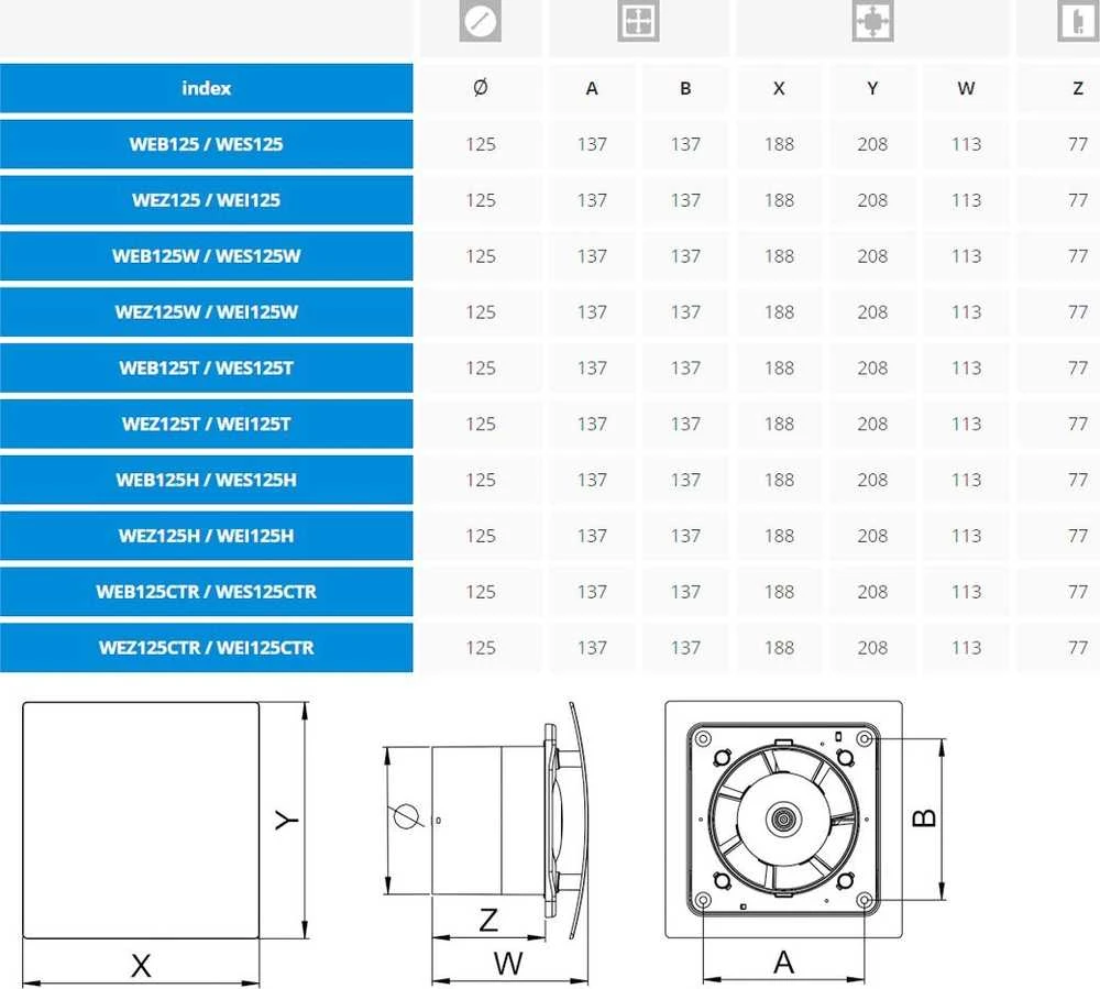 AWENTA Ventiliatorius Vonios kambario ventiliatorius Escudo Awenta WES125H fi125mm 175m3/h 18W 230V su drėgmės jutikliu ir laiko delsa sidabrinis