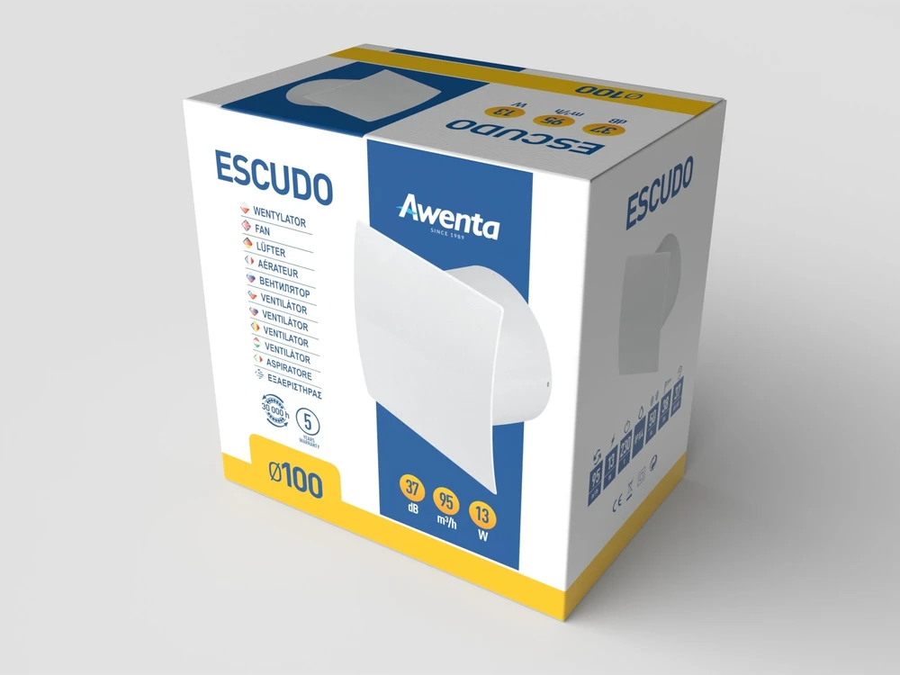 AWENTA Vonios ventiliatorius Awenta WES100T Escudo fi100mm 95m3/h 13W su laiko jungikliu sidabrinis