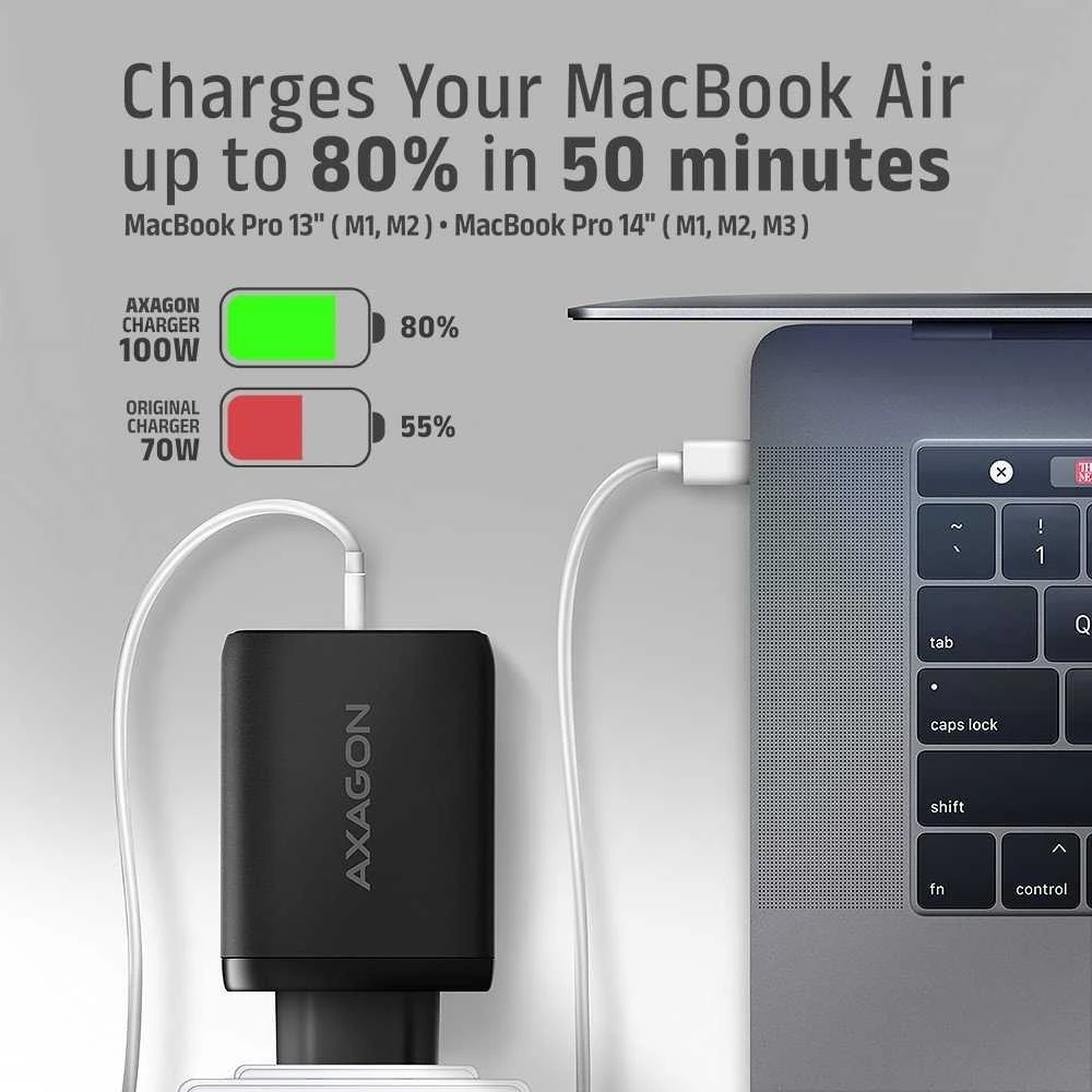 AXAGON GaN sieninis įkroviklis, 3x prievadas (USB-A + 2x USB-C), PD3.0/PPS/QC4+/SFC2.0/AFC/SCP/FCP/Apple, 100W | ACU-DPQ100