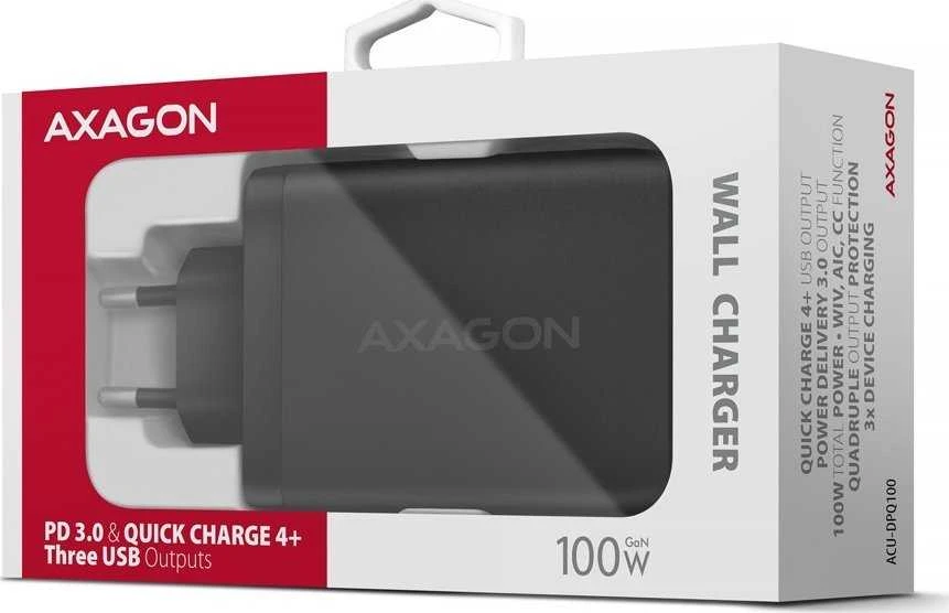 AXAGON GaN sieninis įkroviklis, 3x prievadas (USB-A + 2x USB-C), PD3.0/PPS/QC4+/SFC2.0/AFC/SCP/FCP/Apple, 100W | ACU-DPQ100