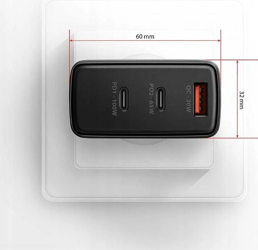 AXAGON GaN sieninis įkroviklis, 3x prievadas (USB-A + 2x USB-C), PD3.0/PPS/QC4+/SFC2.0/AFC/SCP/FCP/Apple, 100W | ACU-DPQ100