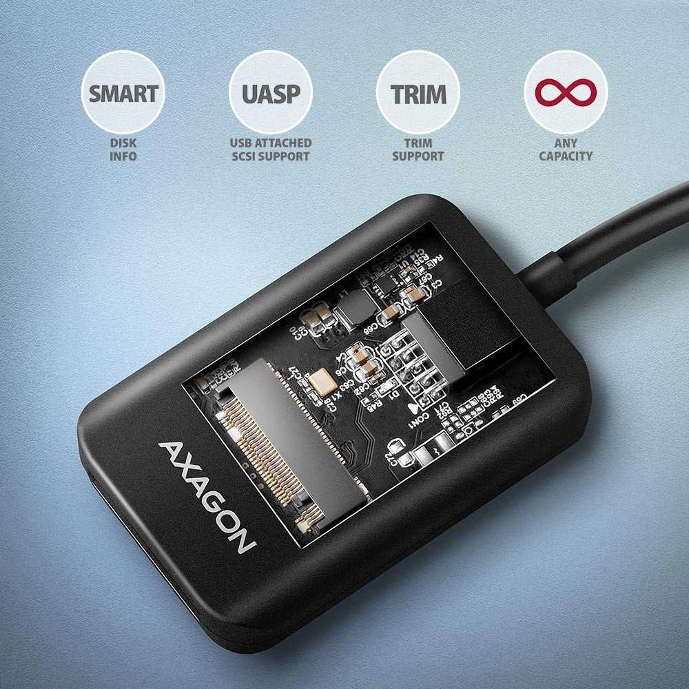 AXAGON USB-A 10Gbps – M.2 NVMe ir SATA SSD adapteriai | ADM2-AM
