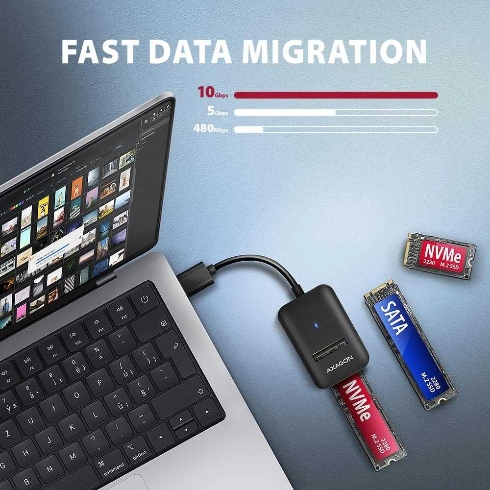 AXAGON USB-A 10Gbps – M.2 NVMe ir SATA SSD adapteriai | ADM2-AM