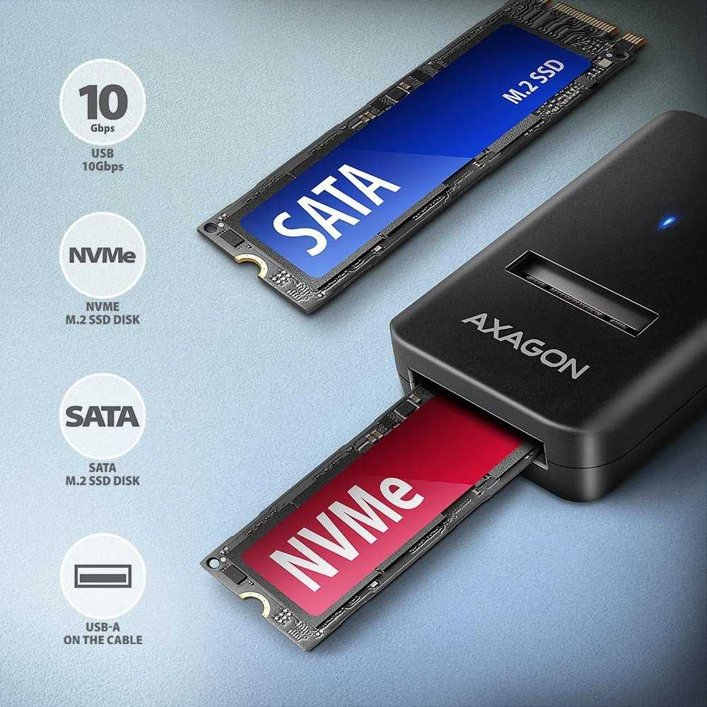 AXAGON USB-A 10Gbps – M.2 NVMe ir SATA SSD adapteriai | ADM2-AM
