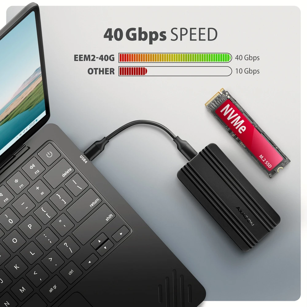„AXAGON“ USB-C 40 Gbps išorinis korpusas, skirtas M.2 NVMe SSD | EEM2-40G